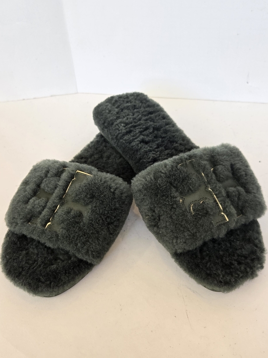 Tory Burch Shoes - Tory Burch Dark Green Shearling Slide Sandals with Gold Logo Accent